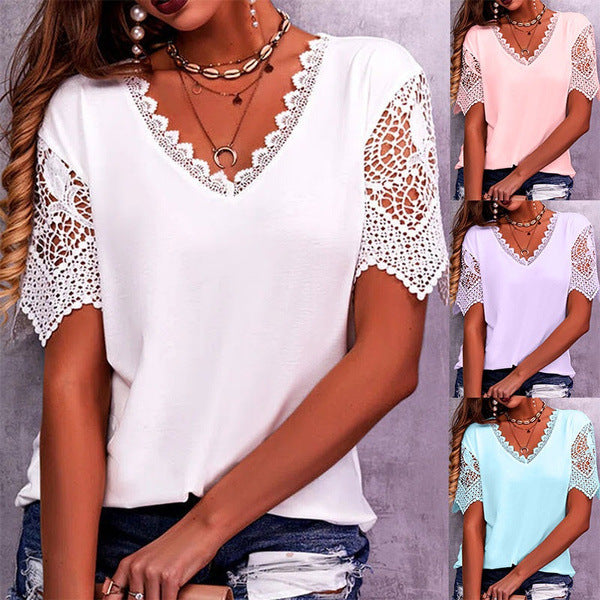 Lace Top Summer Loose V Neck Short Sleeve Casual Shirts