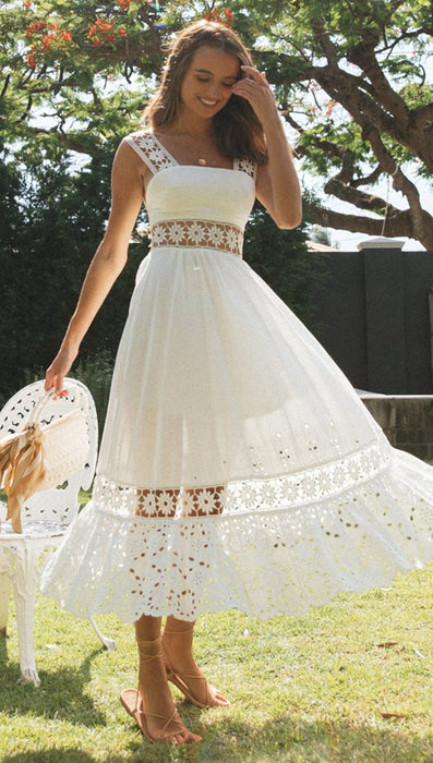women summer white lace dress Casual beach boho maxi dress Sweet sleeveless floral hollow out dress