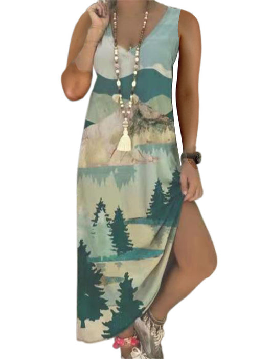 V-Neck Printed Sleeveless Long Jumpsuit Casual Beach Dress