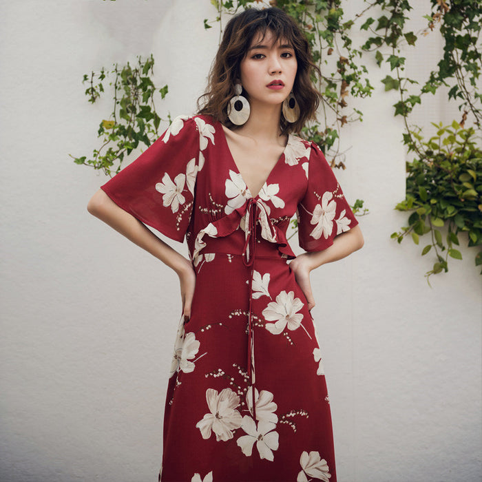Women's Retro Style Red Beach V-Neck Printed Long Dress