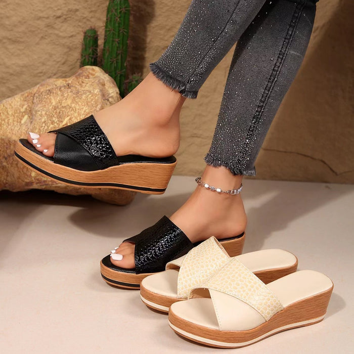 Fashion Snake-texture Wedges Sandals Summer Casual Peep-toe Thick Sole Heightening Slippers Outdoor Slides Shoes Women