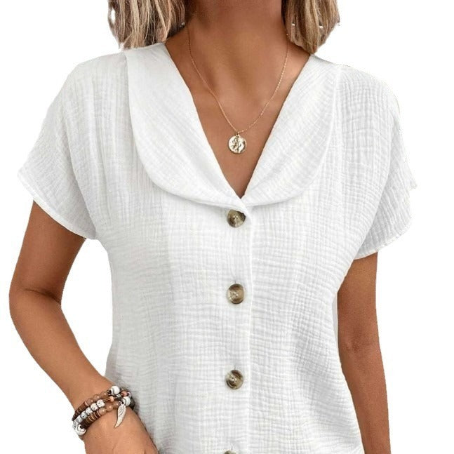 Summer Solid Color Fashion Short-sleeve Cardigan Button Women's Top