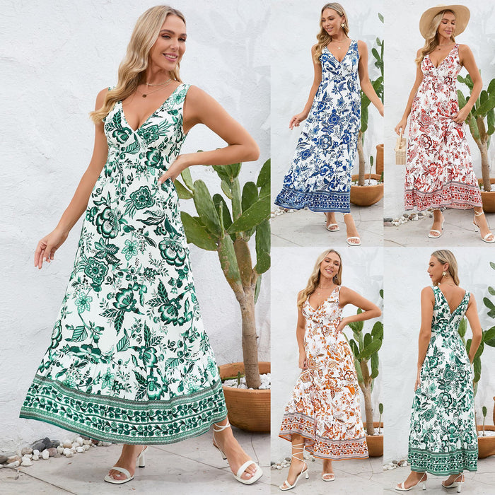 Fashion Floral Print V-neck  Long Dress