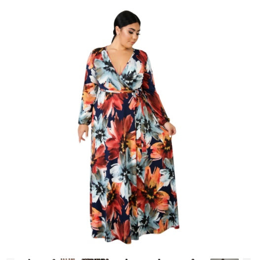 V-neck Long Sleeve Flower Beach Chiffon Dress