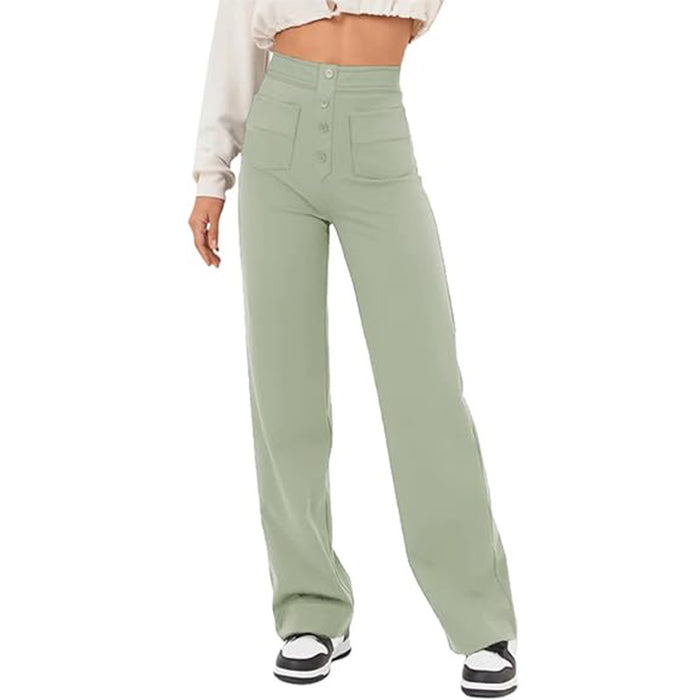 High Waist Trousers With Pockets Casual Loose Wide Leg Button Straight Pants