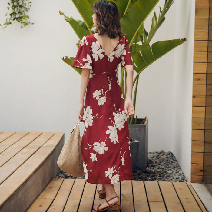 Women's Retro Style Red Beach V-Neck Printed Long Dress
