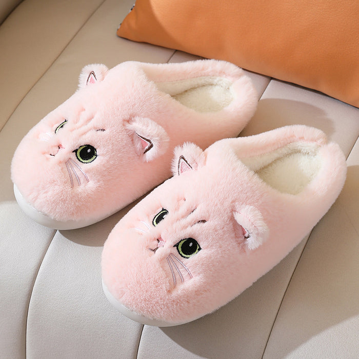 Cute Cat Plush Slippers For Couple Non-slip House Shoes