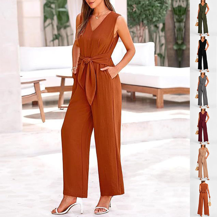 V-neck Sleeveless Long Jumpsuit With Pockets And Lace-up Design Wide-leg Straight Trousers