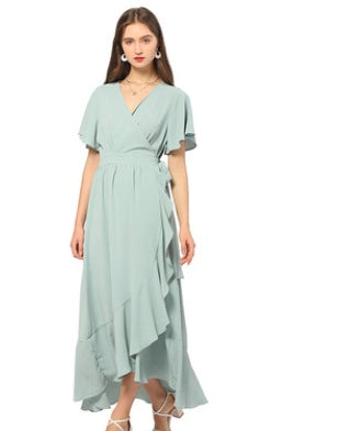 Chiffon Solid Color  Ruffled Dress