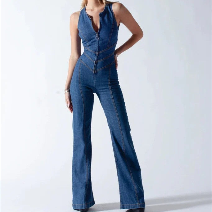 Street Retro Style High Waist Denim Jumpsuit