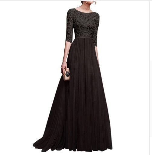 Chiffon Long Dress Lace Stitching Elegant Evening Dress