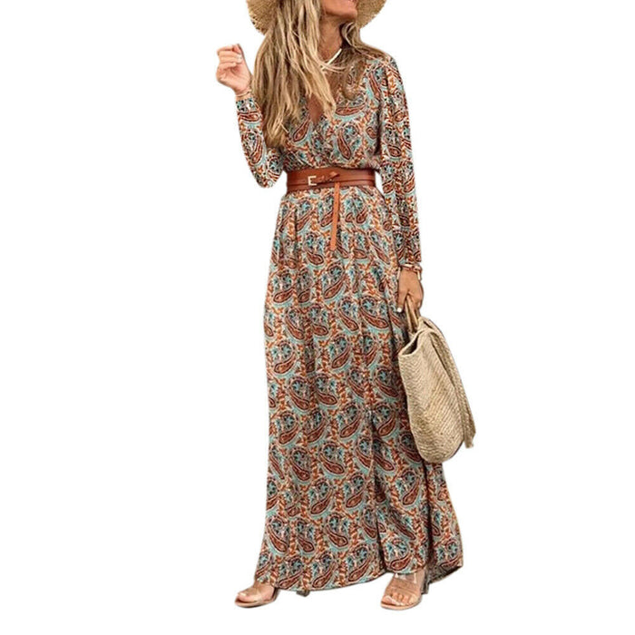 Long Sleeve V-neck Bohemian Floral Dress