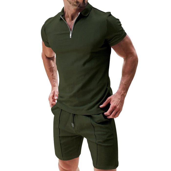 2Pcs Casual Waffle Suit Summer Zipper Lapel Short-sleeve Top And Drawstring Pockets Shorts Versatile Solid Color T-shirt Set