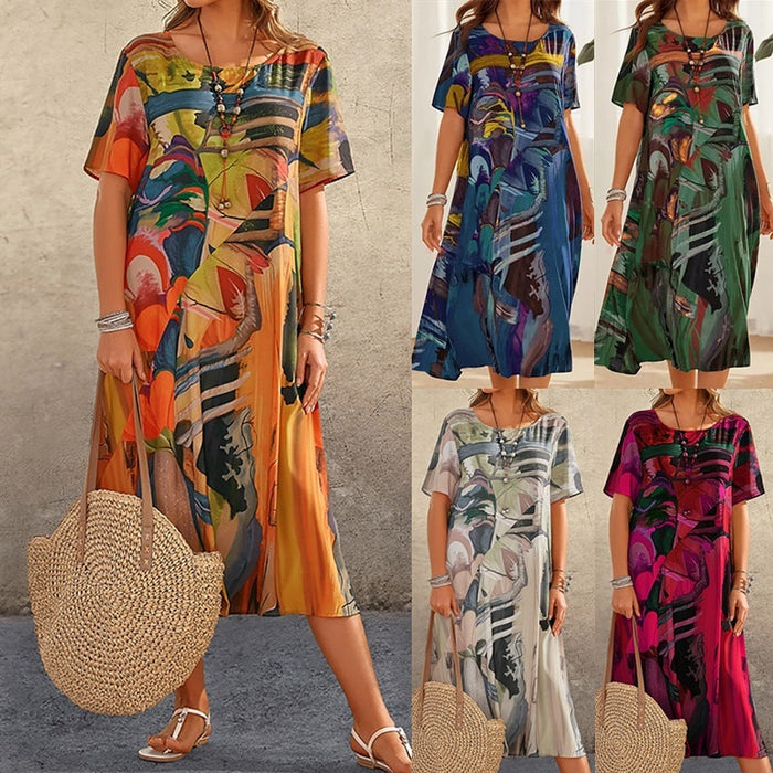 Fashion Casual Printed Summer Short Sleeve Round Neck Loose Beach Long Skirt Dress