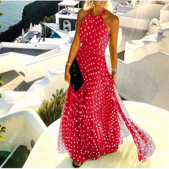 Halter Printed Pleated Long Dress Women Sweet O Neck Beach Maxi Dress Summer Sleeveless Elegant Boho Party Dress