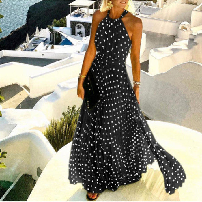 Halter Printed Pleated Long Dress Women Sweet O Neck Beach Maxi Dress Summer Sleeveless Elegant Boho Party Dress
