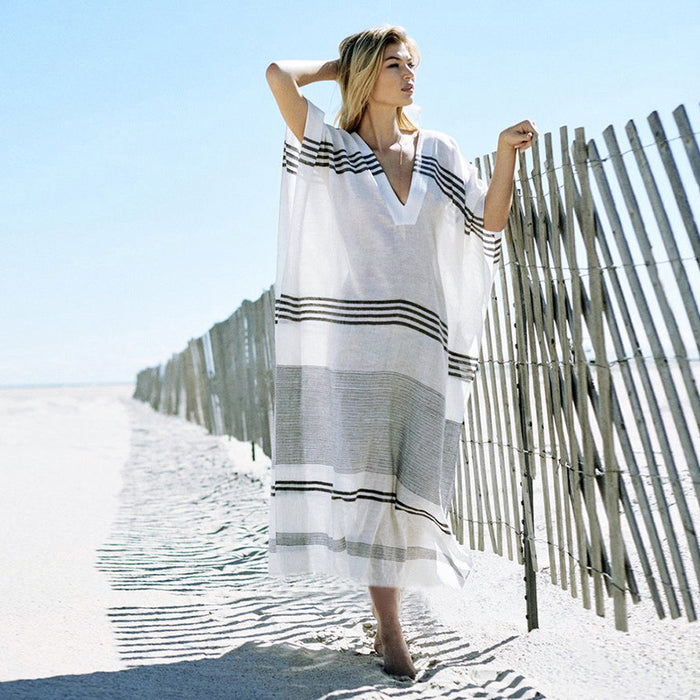 Striped V Neck Loose Long Bikini Coverall Beach Sunscreen Dress