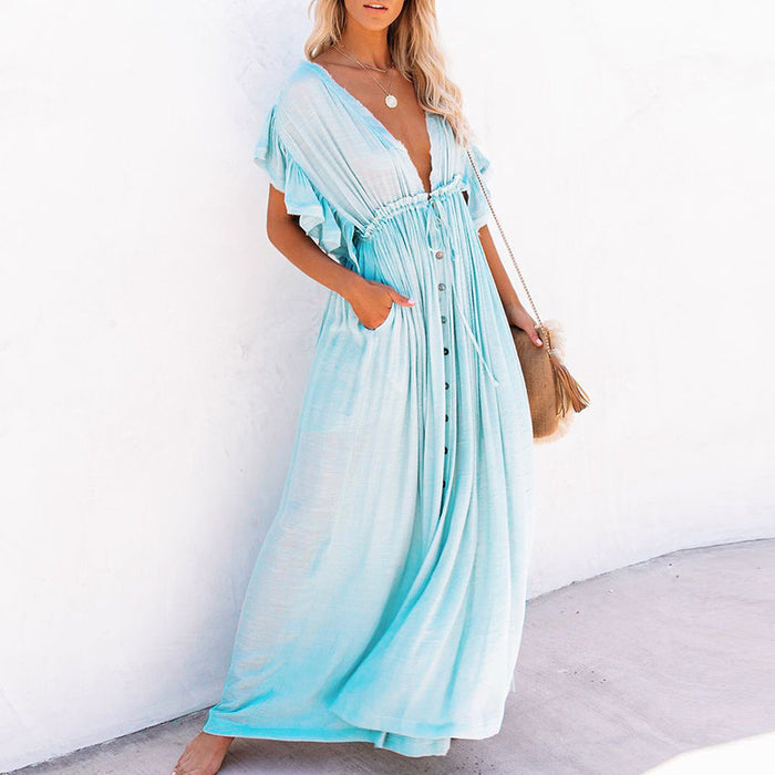 V-neck Drawstring Sunscreen Shirt Beach Blouse Dress Long Skirt