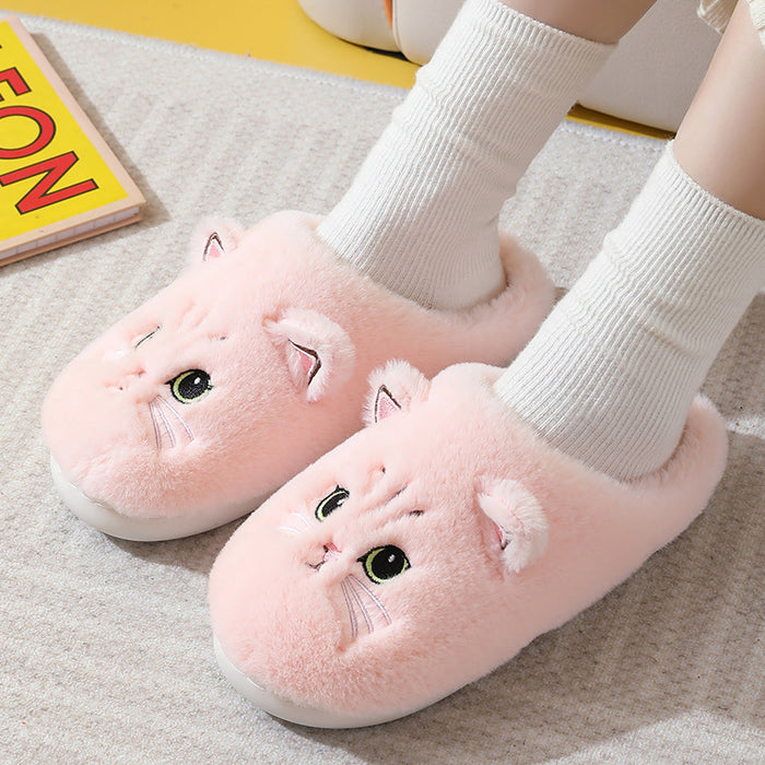 Cute Cat Plush Slippers For Couple Non-slip House Shoes