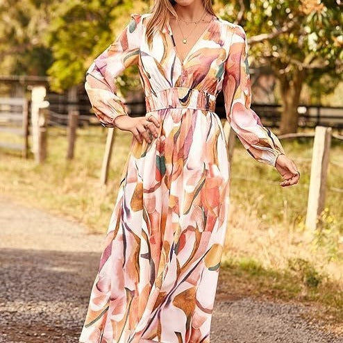 Casual Long Sleeve V-neck Printed Beach Dress