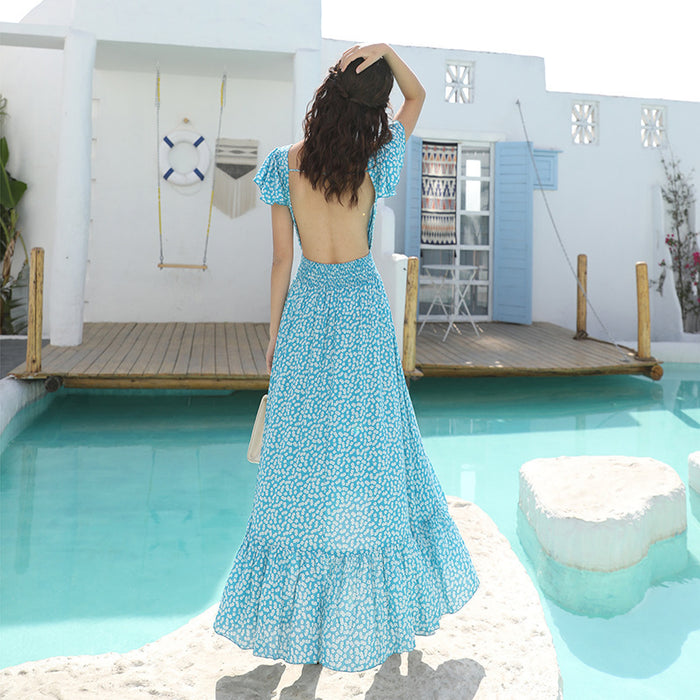 Beach skirt super fairy blue backless  holiday long dress