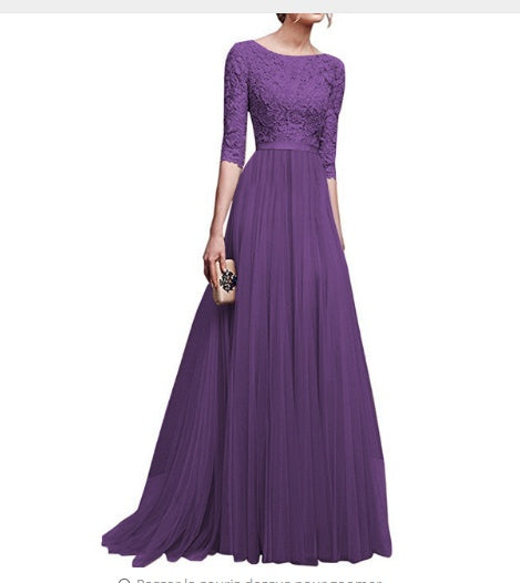 Chiffon Long Dress Lace Stitching Elegant Evening Dress