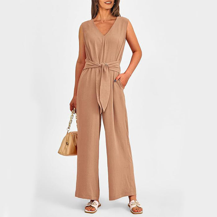 V-neck Sleeveless Long Jumpsuit With Pockets And Lace-up Design Wide-leg Straight Trousers