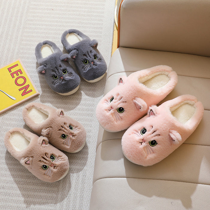 Cute Cat Plush Slippers For Couple Non-slip House Shoes