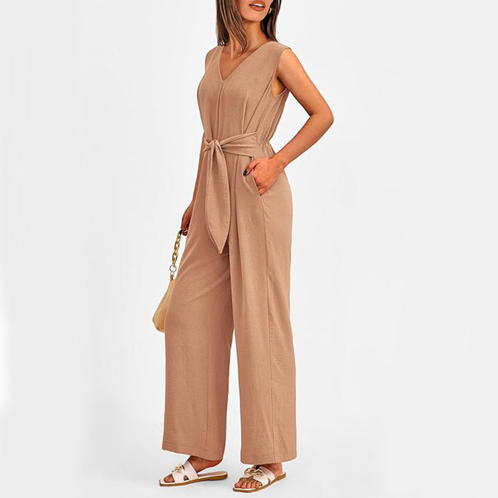 V-neck Sleeveless Long Jumpsuit With Pockets And Lace-up Design Wide-leg Straight Trousers