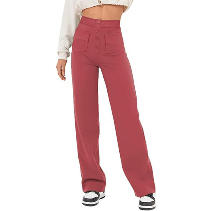 High Waist Trousers With Pockets Casual Loose Wide Leg Button Straight Pants