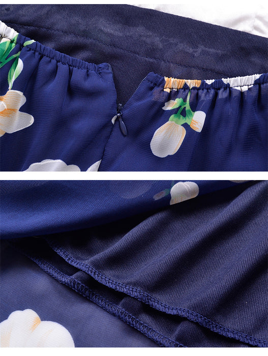 Lace stitching printed sling V-neck holiday beach long skirt split cheongy dress