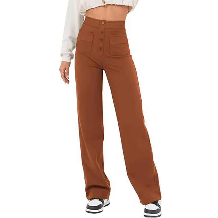 High Waist Trousers With Pockets Casual Loose Wide Leg Button Straight Pants