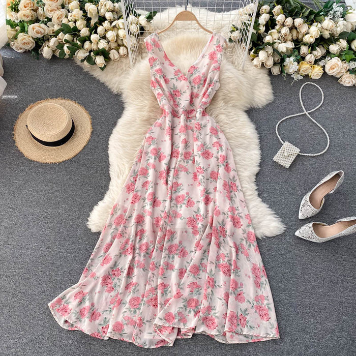 V-neck Waist Long Chiffon Floral Beach Dress