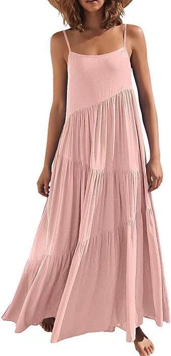 Solid Color Pleated Irregular Dress Beach Suspender Long Skirt