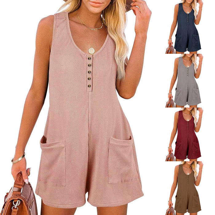 Casual Waffle Button Jumpsuit With Pockets