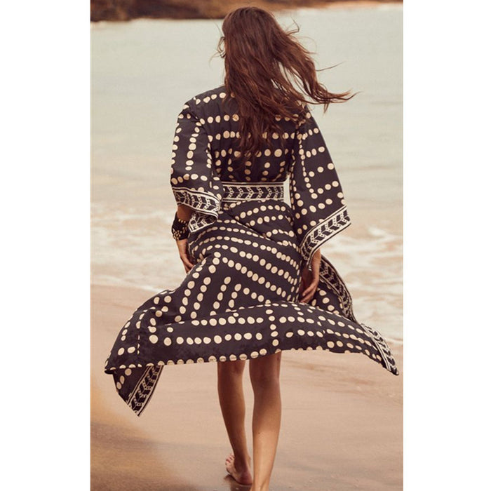 Lace-up Printed Long Beach Cover Up