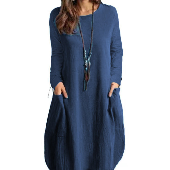 Cotton And Linen Loose Casual Solid Color Long-sleeve Dress