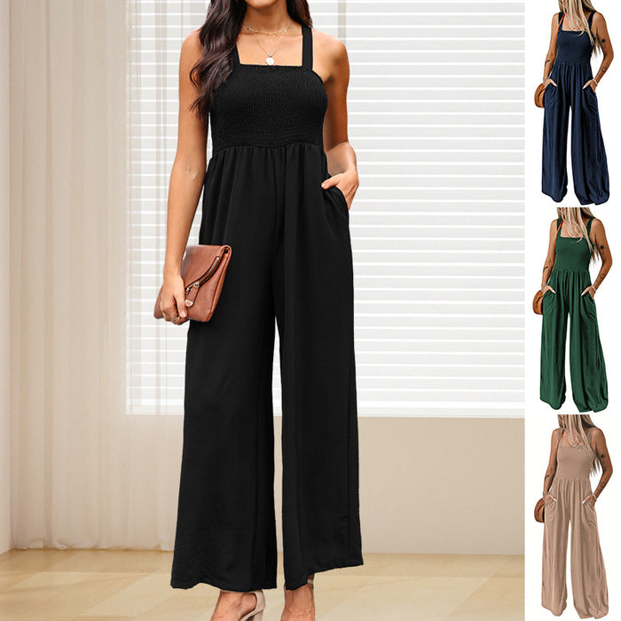 Square Neck High Waist Jumpsuit Backless Pleated Design Wide Leg Trousers