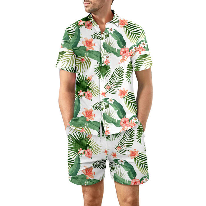 2Pcs Printed Beach Shirt Summer Suit Loose Lapel Button Top And Drawstring Pockets Shorts Casual Short Sleeve Suits For Men