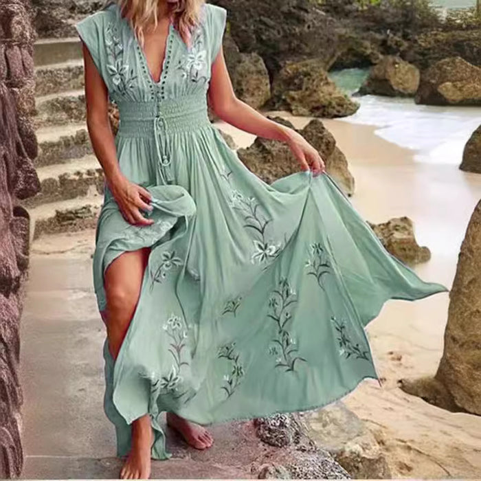 V-neck Fringed Bohemian Print Long Skirt Summer Sleeveless Loose Casual Beach Dress