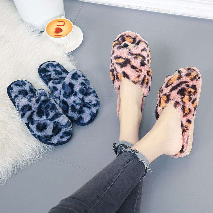 Cross-strap Fuzzy Slippers Leopard Plush House Shoes Flat Bedroom Slippers