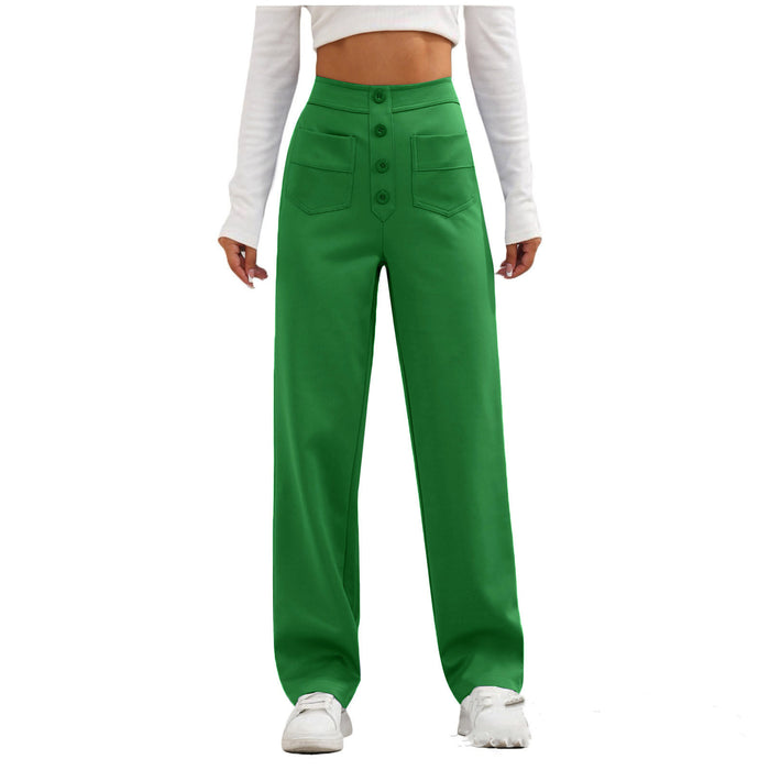 High Waist Trousers With Pockets Casual Loose Wide Leg Button Straight Pants