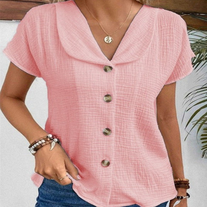 Summer Solid Color Fashion Short-sleeve Cardigan Button Women's Top