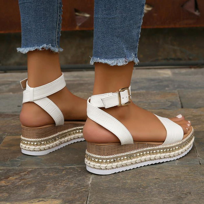 Summer Sandals Buckle Strap Hemp Wedges Platform Peep Toe Shoes Women