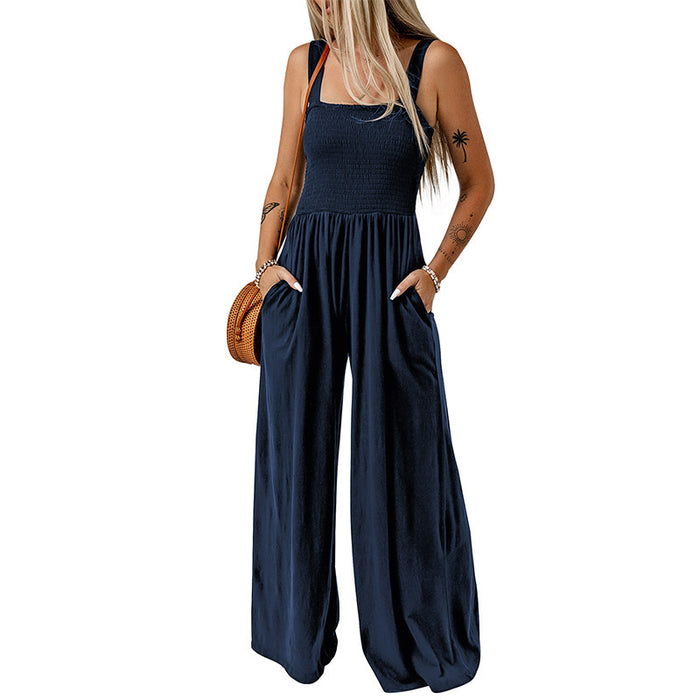 Square Neck High Waist Jumpsuit Backless Pleated Design Wide Leg Trousers