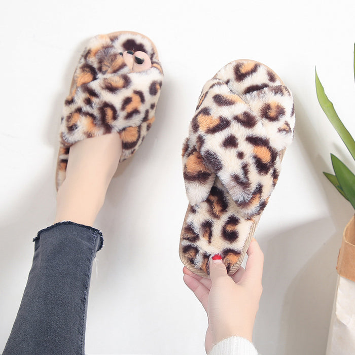 Cross-strap Fuzzy Slippers Leopard Plush House Shoes Flat Bedroom Slippers