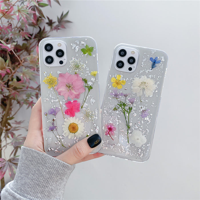 Silver Foil Dried Flowers Mobile Phone Cases Epoxy Transparent