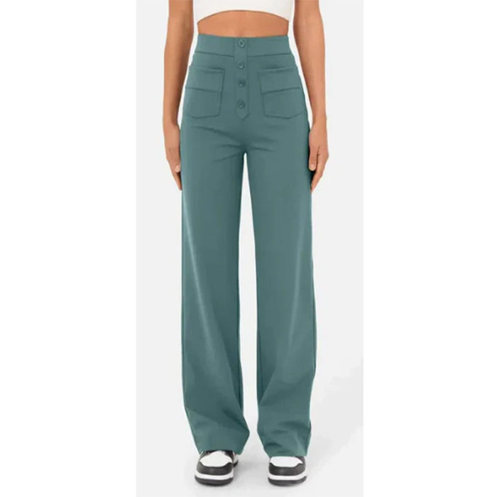 High Waist Trousers With Pockets Casual Loose Wide Leg Button Straight Pants