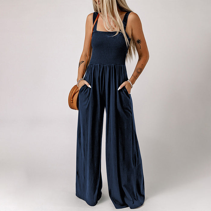 Square Neck High Waist Jumpsuit Backless Pleated Design Wide Leg Trousers