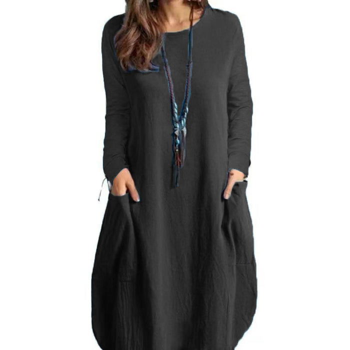 Cotton And Linen Loose Casual Solid Color Long-sleeve Dress